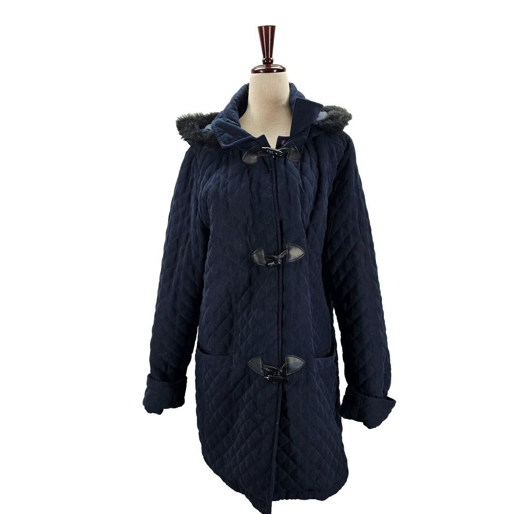 Christopher & Banks Blue Toggle Quilted Parka Coat Faux Fur Hood Womens Large